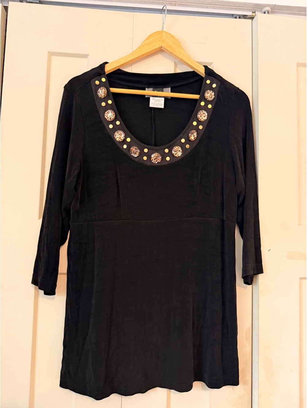Vintage 80s 90s slinky brand black cheetah embellished scoop neck tunic top M